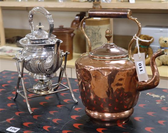 A Victorian silver plated spirit kettle and a copper kettle